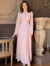 High-Neck Pleated Cinched-Waist Maxi Gown